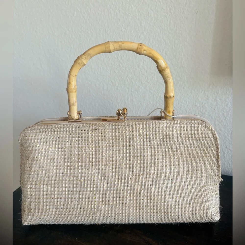 Tommy Bahama Beige Woven Clutch with Bamboo Handle - Picture 2 of 6